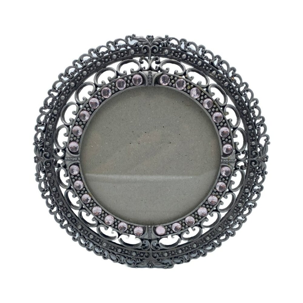VTG Sunflower Designs Pewter Tone Metal Frame w/Pink Rhinestones & Floral Heart